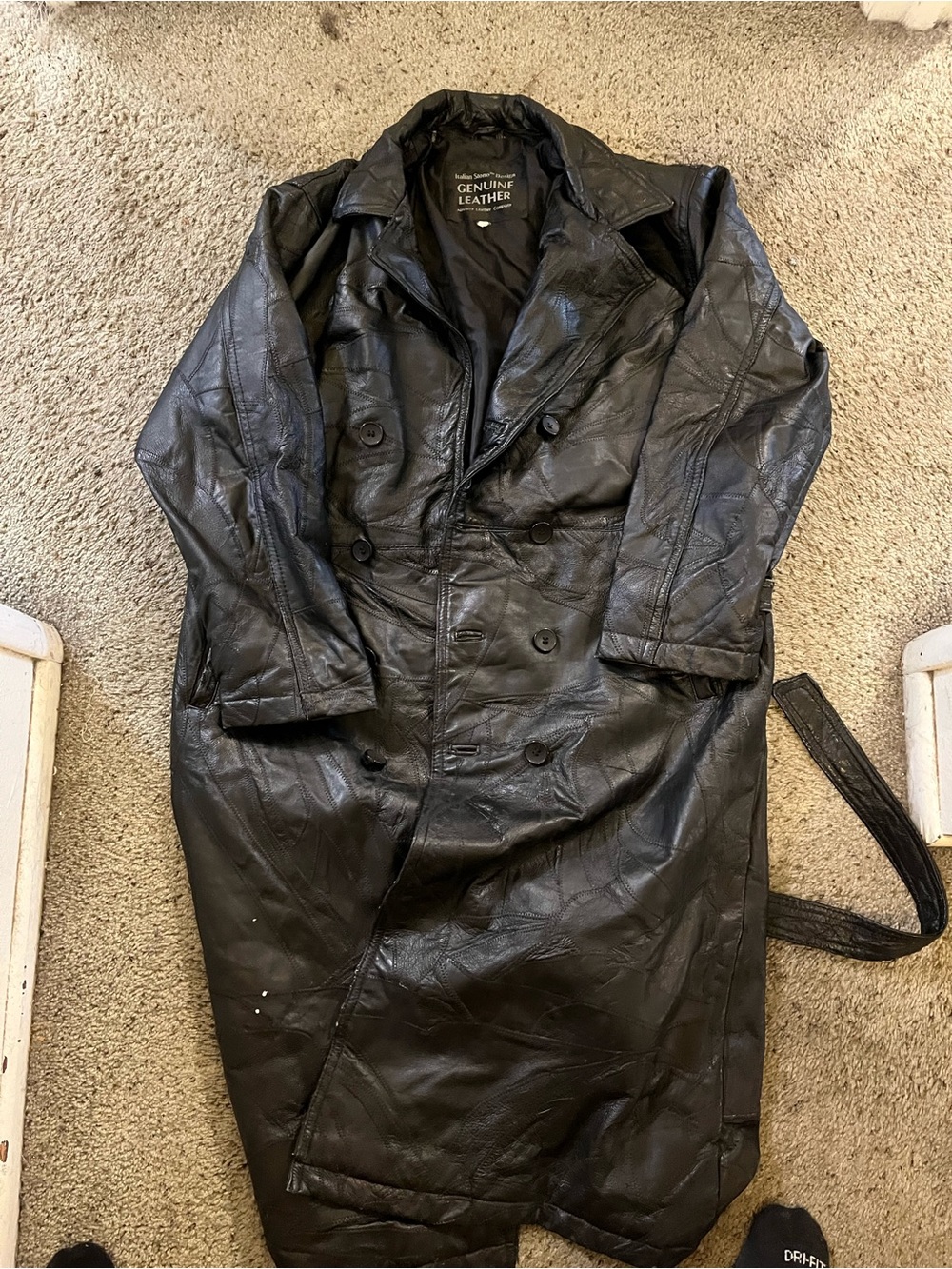 Vintage Genuine Leather Patchwork Men’s Long Trench Coat - Black